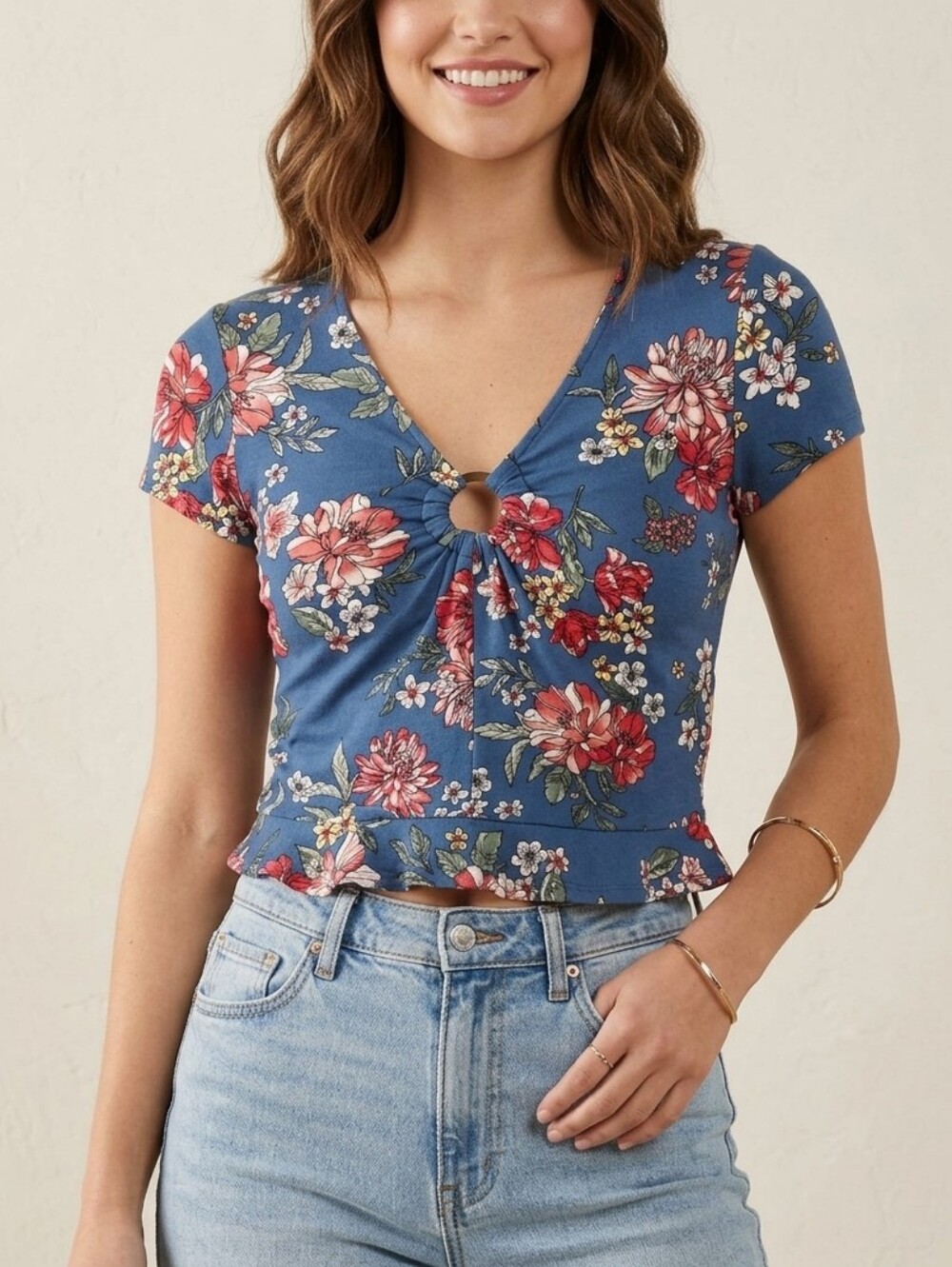 Love By Design Blue Floral Tie-Front Short Sleeve Top Size S New